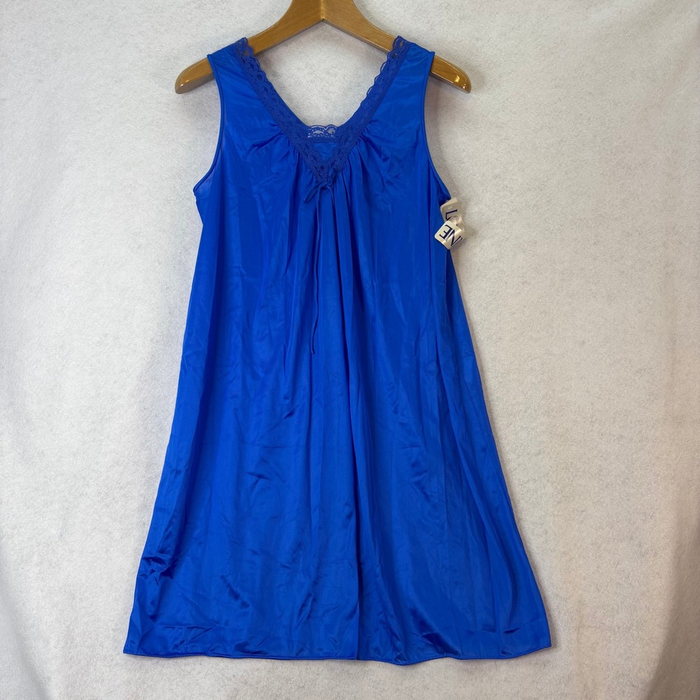 Vtg Lorraine Lace Trim Royal Blue Nightgown Nylon Women's M Coquette Retro Gran